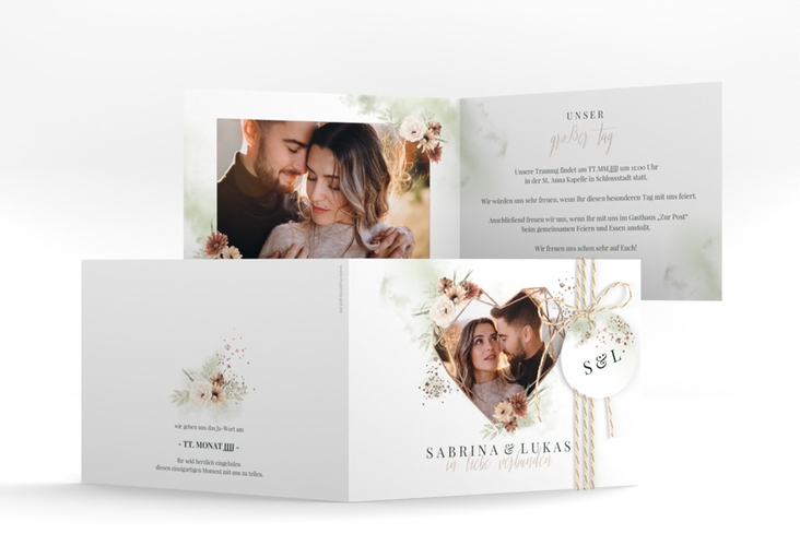 Hochzeitseinladung Odeur A6 Klappkarte quer gruen rosegold mit Aquarell-Blumen und Foto in Herzform