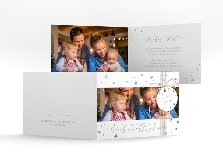 Weihnachtskarte Sternennacht A6 Klappkarte quer weiss silber mit Sternchen und Familienfoto