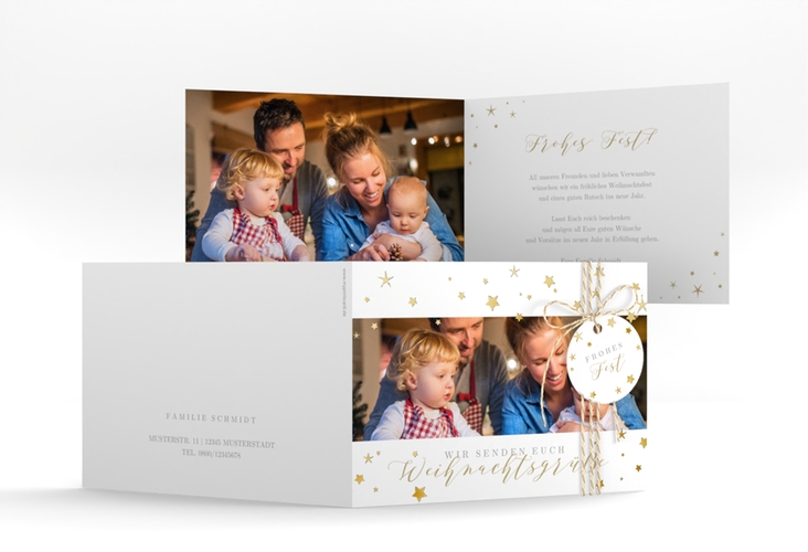 Weihnachtskarte Sternennacht A6 Klappkarte quer weiss gold mit Sternchen und Familienfoto