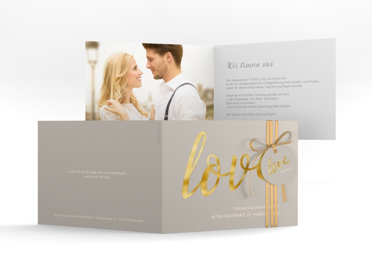 Hochzeitseinladung Glam A6 Klappkarte quer grau gold