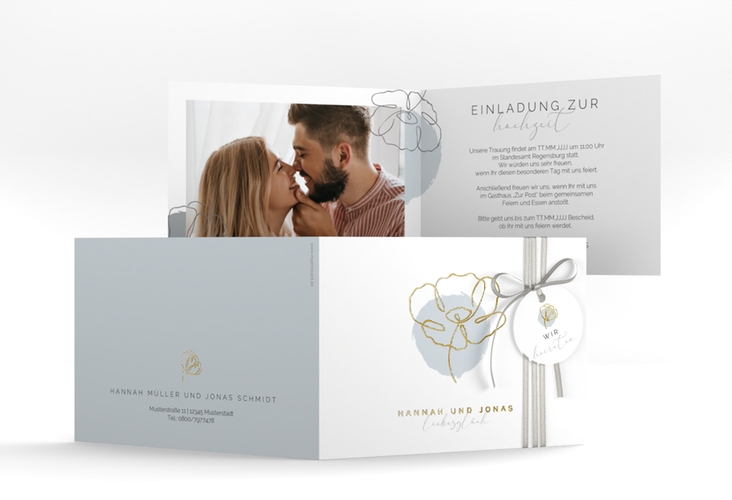 Hochzeitseinladung Flowerline A6 Klappkarte quer blau gold