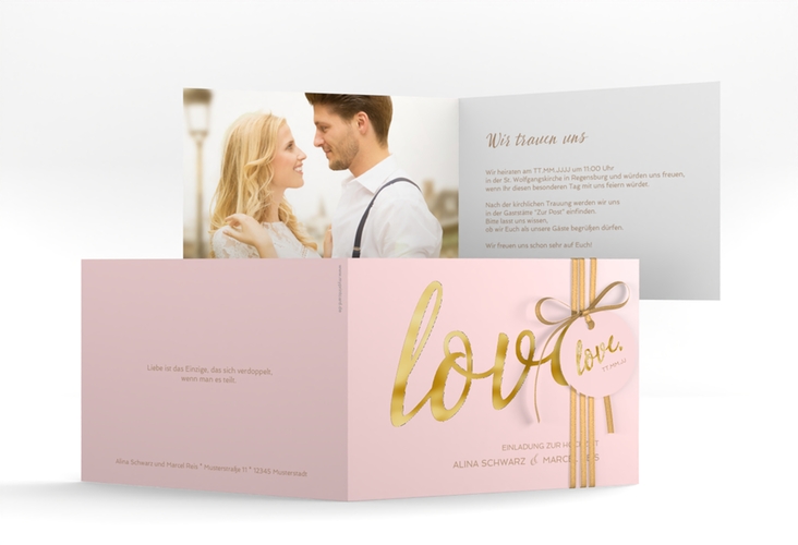 Hochzeitseinladung Glam A6 Klappkarte quer rosa gold