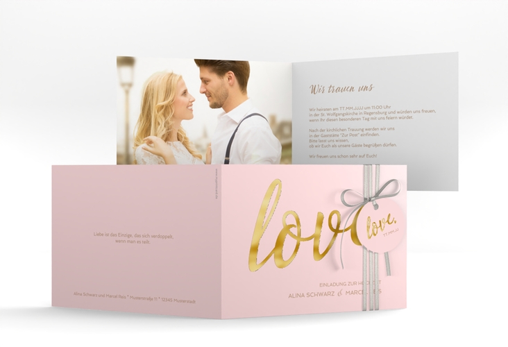 Hochzeitseinladung Glam A6 Klappkarte quer rosa gold