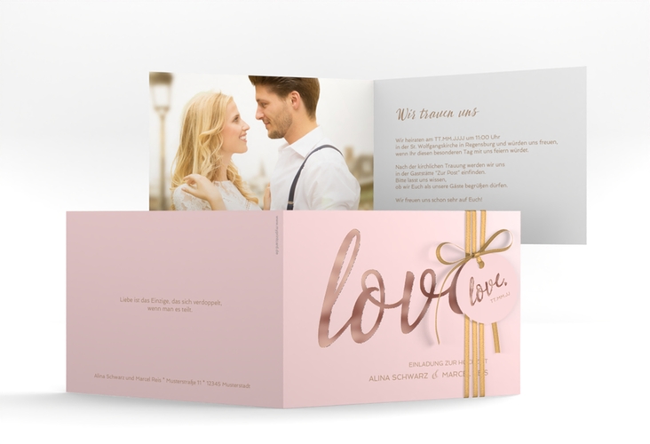 Hochzeitseinladung Glam A6 Klappkarte quer rosa rosegold