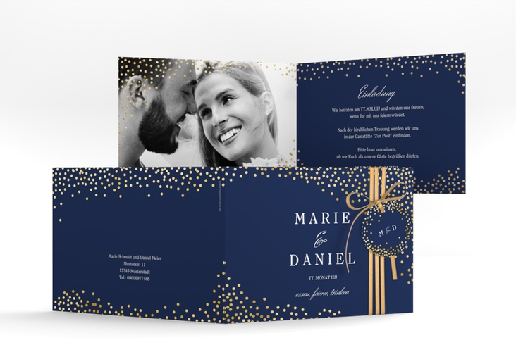 Hochzeitseinladung Glitter A6 Klappkarte quer blau gold