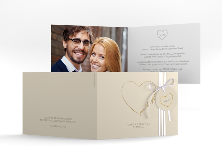 Hochzeitseinladung Lebenstraum A6 Klappkarte quer beige gold