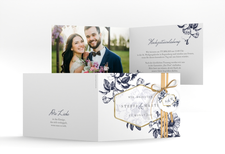 Einladungskarte Hochzeit Magnificent A6 Klappkarte quer blau gold