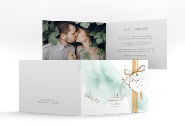 Hochzeitseinladung Pastell A6 Klappkarte quer mint rosegold