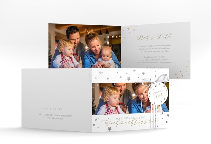 Weihnachtskarte Sternennacht A6 Klappkarte quer weiss silber mit Sternchen und Familienfoto