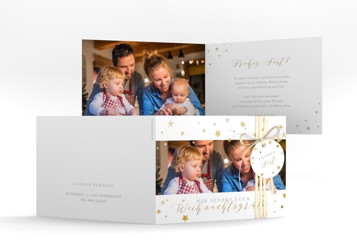 Weihnachtskarte Sternennacht A6 Klappkarte quer weiss gold mit Sternchen und Familienfoto