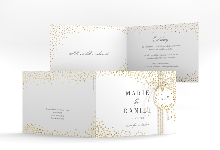 Hochzeitseinladung Glitter A6 Klappkarte quer weiss gold