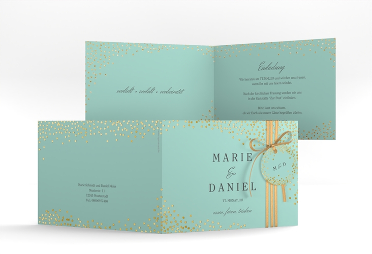 Hochzeitseinladung Glitter A6 Klappkarte quer mint gold