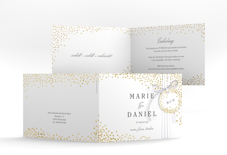 Hochzeitseinladung Glitter A6 Klappkarte quer weiss gold