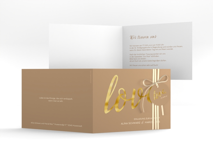 Hochzeitseinladung Glam A6 Klappkarte quer beige gold