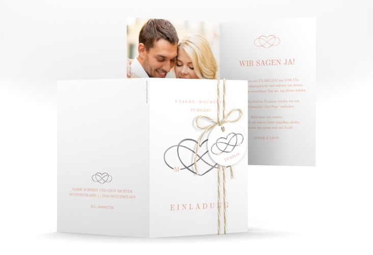 Einladungskarte Hochzeit Infinity A6 Klappkarte hoch apricot silber