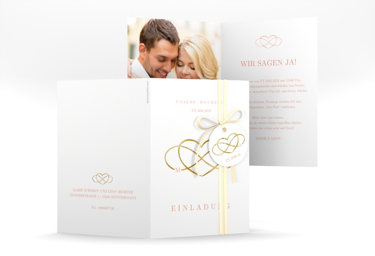 Einladungskarte Hochzeit Infinity A6 Klappkarte hoch apricot gold