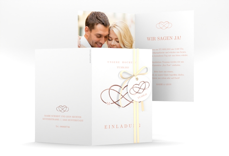 Einladungskarte Hochzeit Infinity A6 Klappkarte hoch apricot rosegold