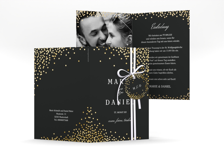 Einladungskarte Hochzeit Glitter A6 Klappkarte hoch schwarz gold