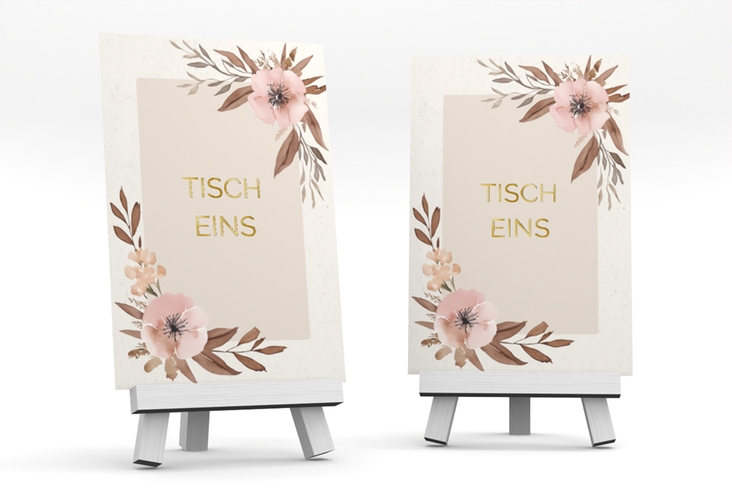 Tischnummer Hochzeit Modest Tischaufsteller beige gold mit elegantem Blumen-Aquarell