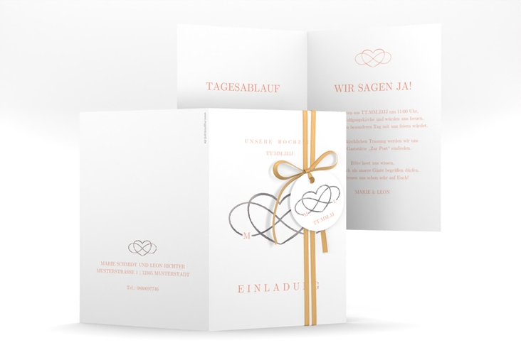 Einladungskarte Hochzeit Infinity A6 Klappkarte hoch apricot silber