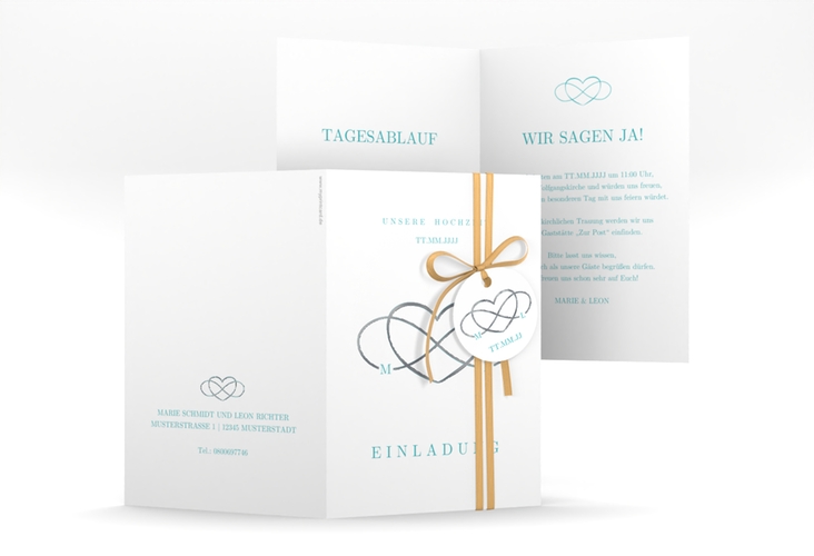 Einladungskarte Hochzeit Infinity A6 Klappkarte hoch tuerkis silber