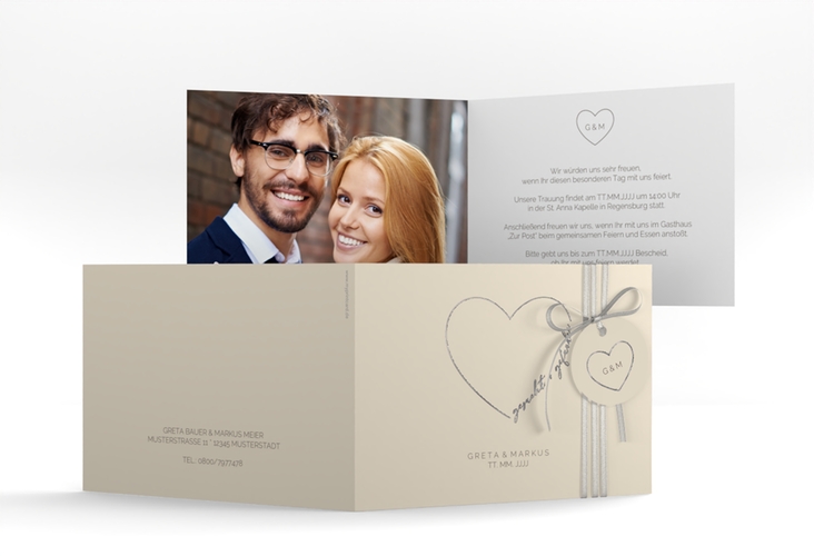 Hochzeitseinladung Lebenstraum A6 Klappkarte quer beige silber