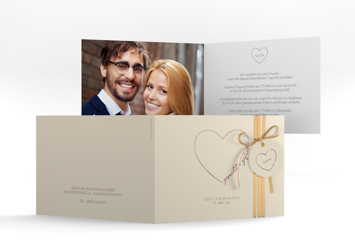 Hochzeitseinladung Lebenstraum A6 Klappkarte quer beige rosegold