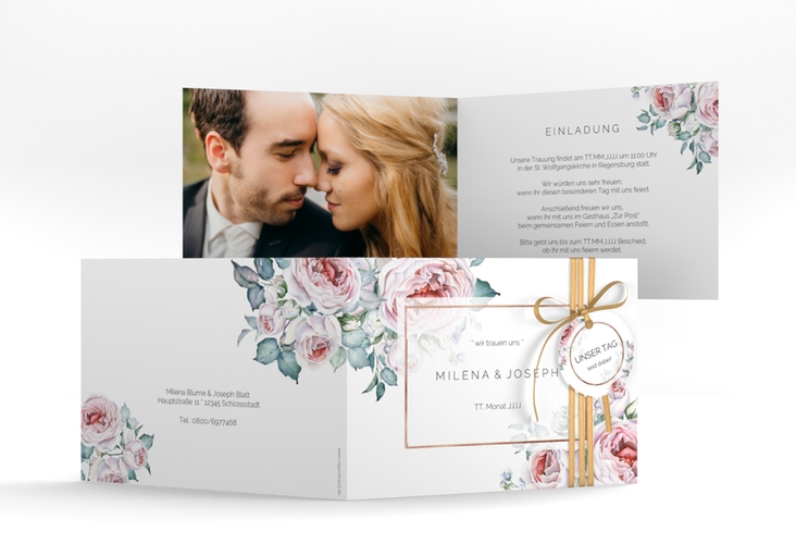 Hochzeitseinladung Embrace A6 Klappkarte quer weiss rosegold