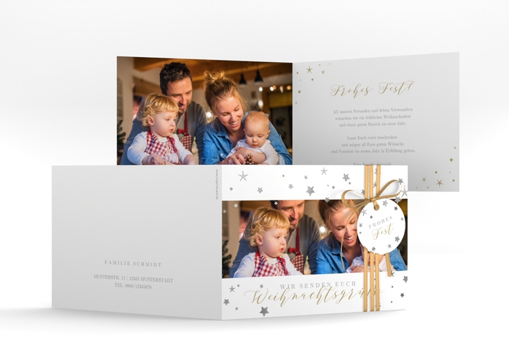 Weihnachtskarte Sternennacht A6 Klappkarte quer weiss silber mit Sternchen und Familienfoto