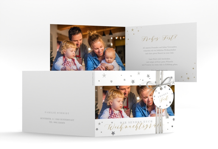 Weihnachtskarte Sternennacht A6 Klappkarte quer weiss silber mit Sternchen und Familienfoto