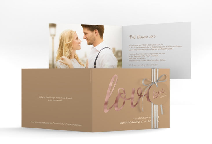 Hochzeitseinladung Glam A6 Klappkarte quer beige rosegold