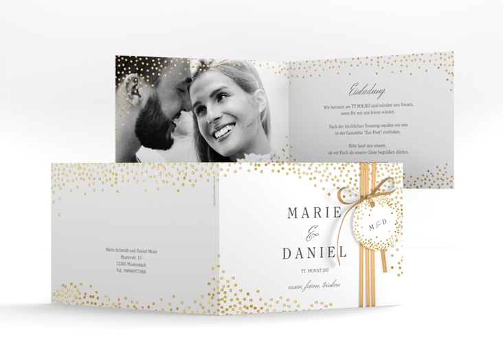 Hochzeitseinladung Glitter A6 Klappkarte quer weiss gold