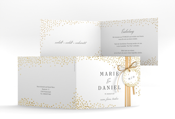 Hochzeitseinladung Glitter A6 Klappkarte quer weiss gold