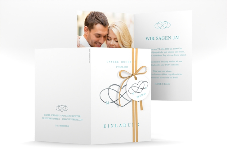 Einladungskarte Hochzeit Infinity A6 Klappkarte hoch tuerkis silber