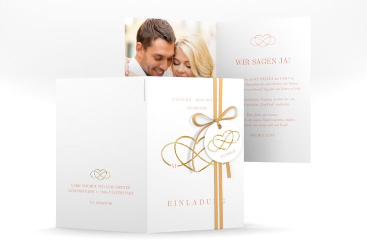 Einladungskarte Hochzeit Infinity A6 Klappkarte hoch apricot gold