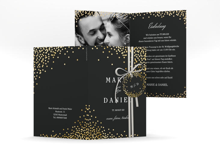 Einladungskarte Hochzeit Glitter A6 Klappkarte hoch schwarz gold