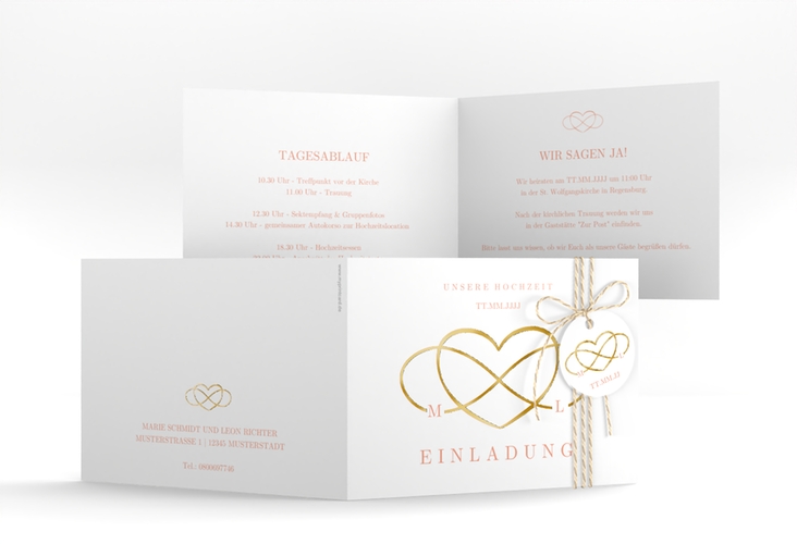 Hochzeitseinladung Infinity A6 Klappkarte quer apricot gold