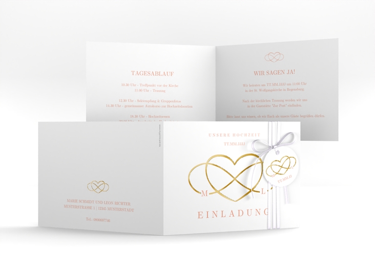 Hochzeitseinladung Infinity A6 Klappkarte quer apricot gold