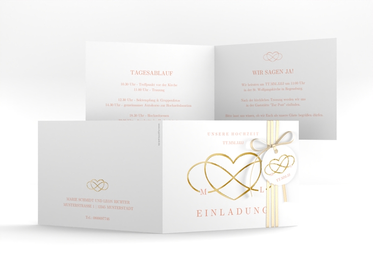 Hochzeitseinladung Infinity A6 Klappkarte quer apricot gold