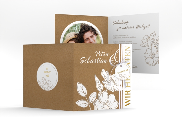 Hochzeitseinladung Windflower quadr. Klappkarte Kraftpapier gold mit Wildrosen