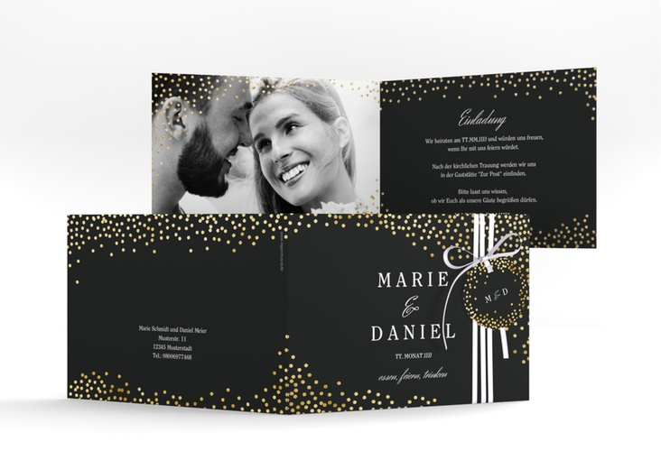 Hochzeitseinladung Glitter A6 Klappkarte quer schwarz gold