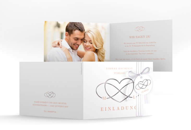 Hochzeitseinladung Infinity A6 Klappkarte quer apricot silber