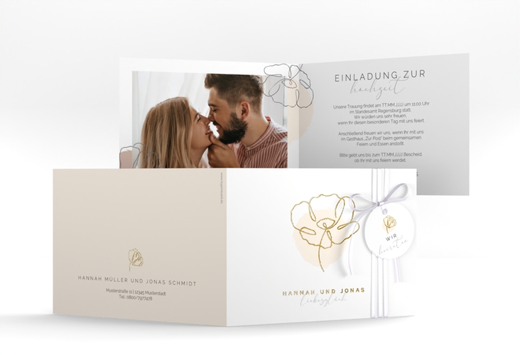 Hochzeitseinladung Flowerline A6 Klappkarte quer apricot gold