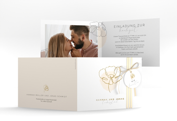 Hochzeitseinladung Flowerline A6 Klappkarte quer apricot gold