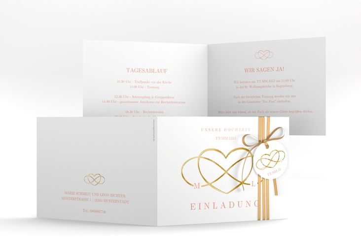 Hochzeitseinladung Infinity A6 Klappkarte quer apricot gold