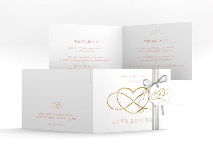 Hochzeitseinladung Infinity A6 Klappkarte quer apricot gold