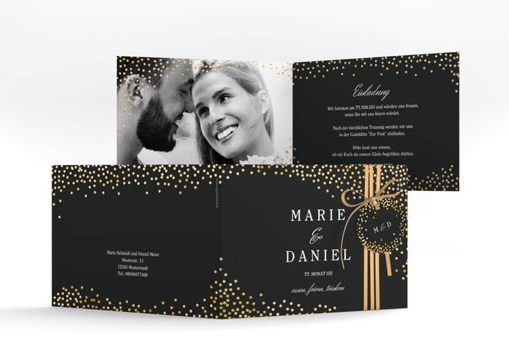 Hochzeitseinladung Glitter A6 Klappkarte quer schwarz gold