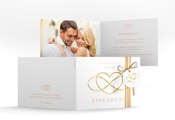 Hochzeitseinladung Infinity A6 Klappkarte quer apricot gold