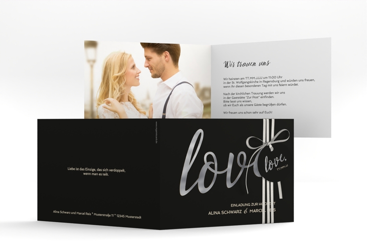 Hochzeitseinladung Glam A6 Klappkarte quer schwarz silber