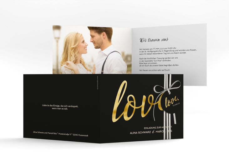 Hochzeitseinladung Glam A6 Klappkarte quer schwarz gold